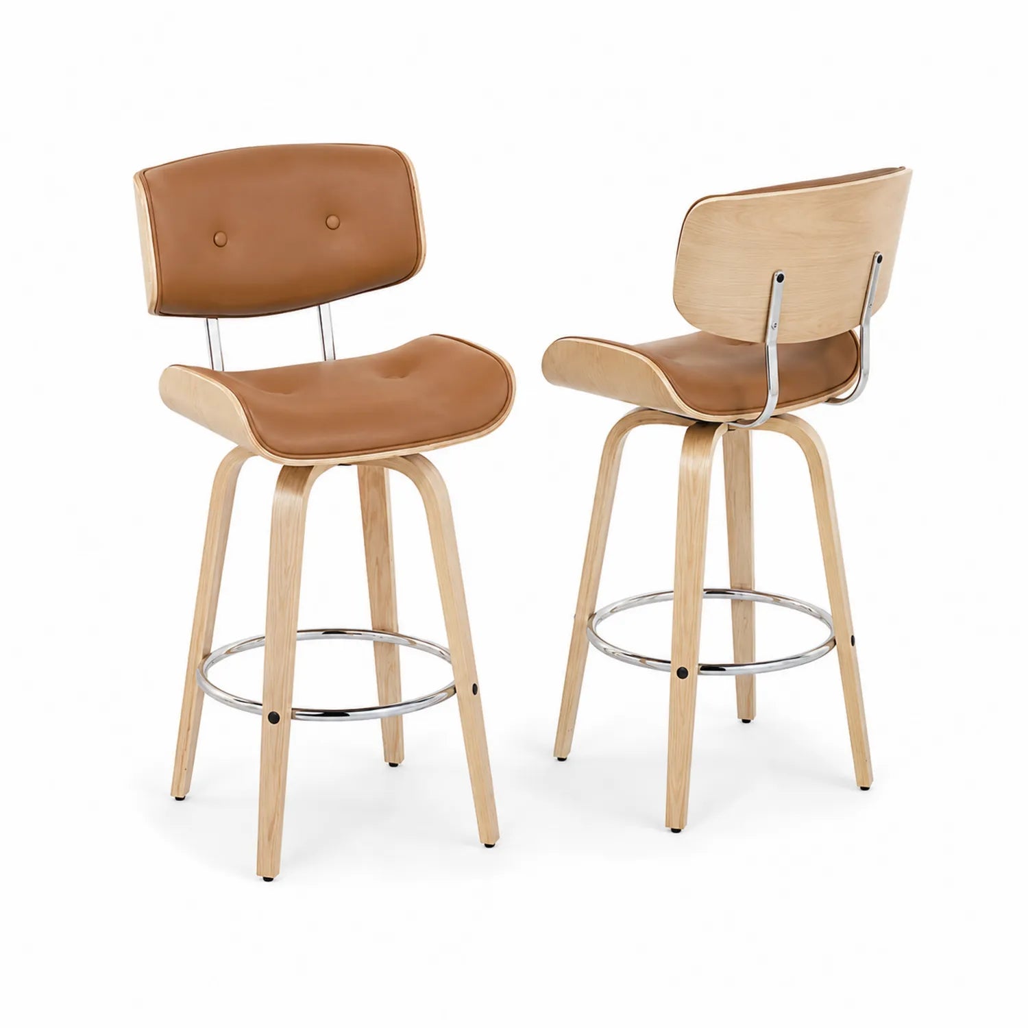 2er-Set Barhocker Holz Braun Leder mit Rückenlehne