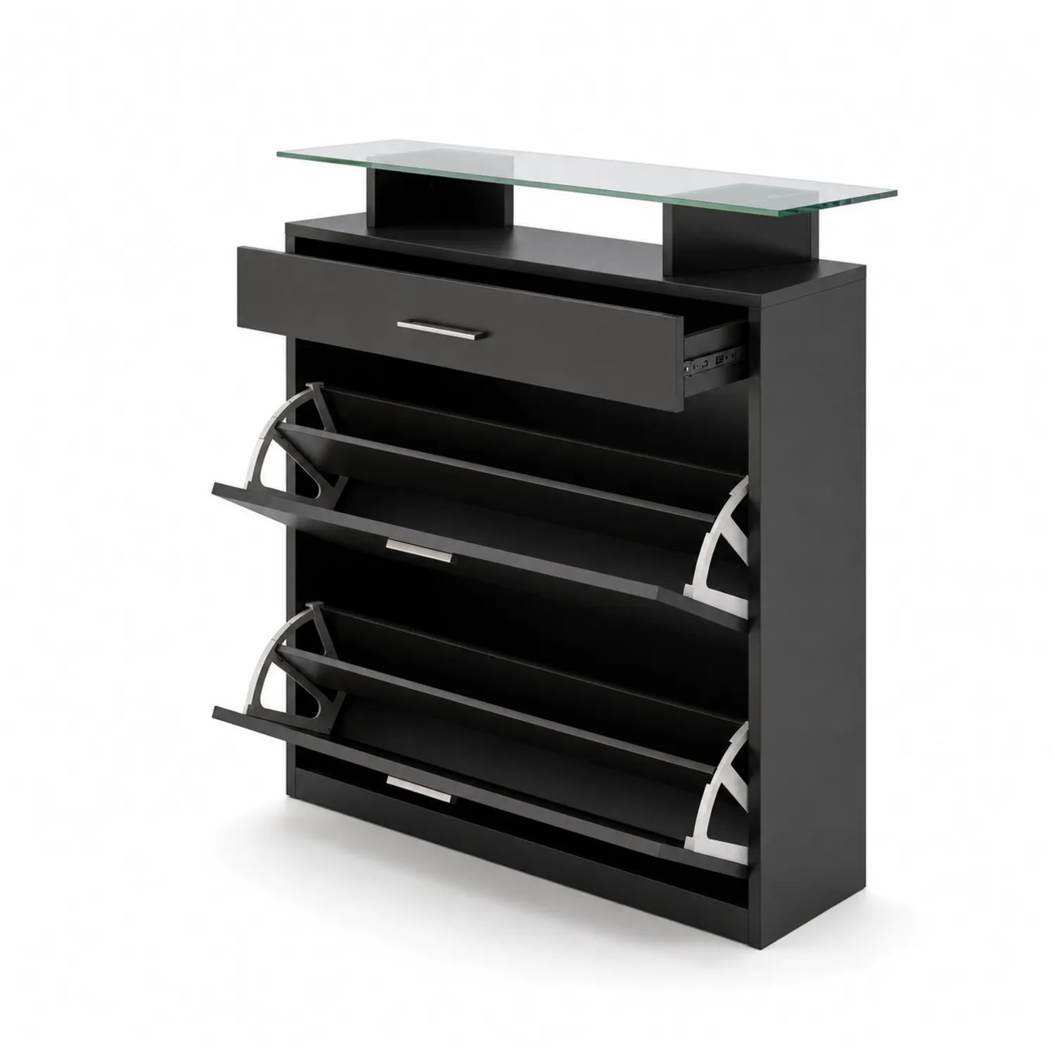Schuhschrank Schwarz mit Holzspanplatte und Glasoberfläche