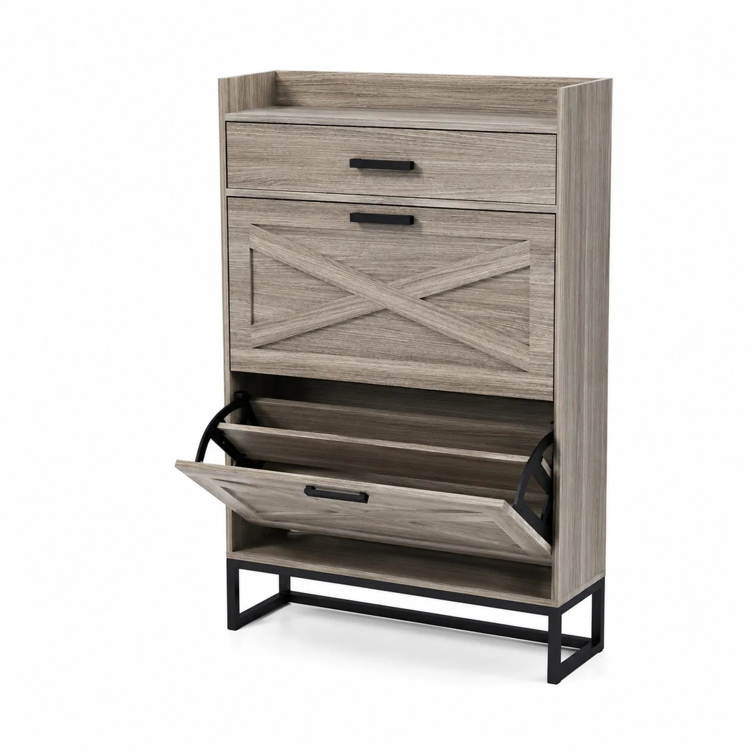 Schuhregal mit 2 Klappen und Schublade aus MDF und Metall, 110 cm hoch